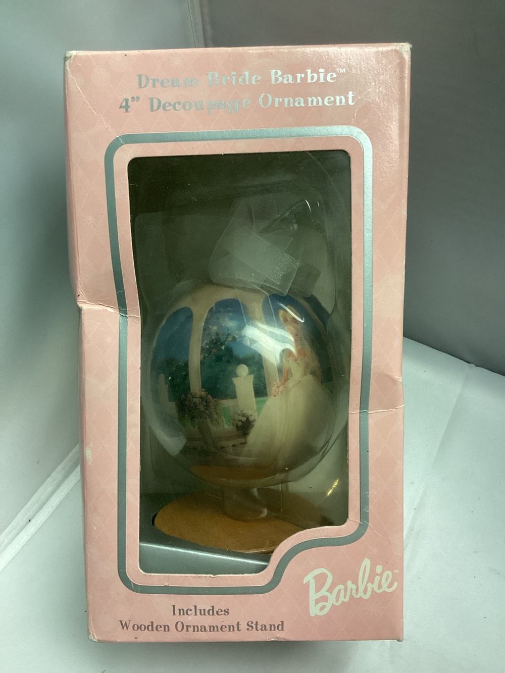 Barbie Dream Bride Pink Decoupage Ornament 4” with Wooden Stand